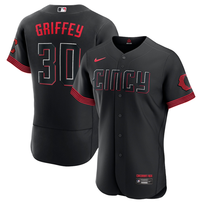 Men's Cincinnati Reds #30 Ken Griffey Jr. Black 2023 City Connect Flex Base Stitched Jersey